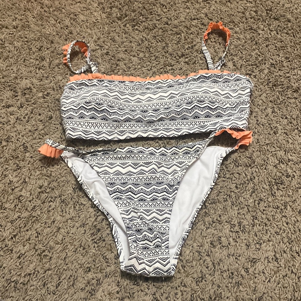 black, white, and coral bikini
